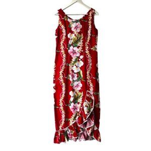 Royal Creations Red Floral Holiday Cotton Maxi Dress Hawaiian